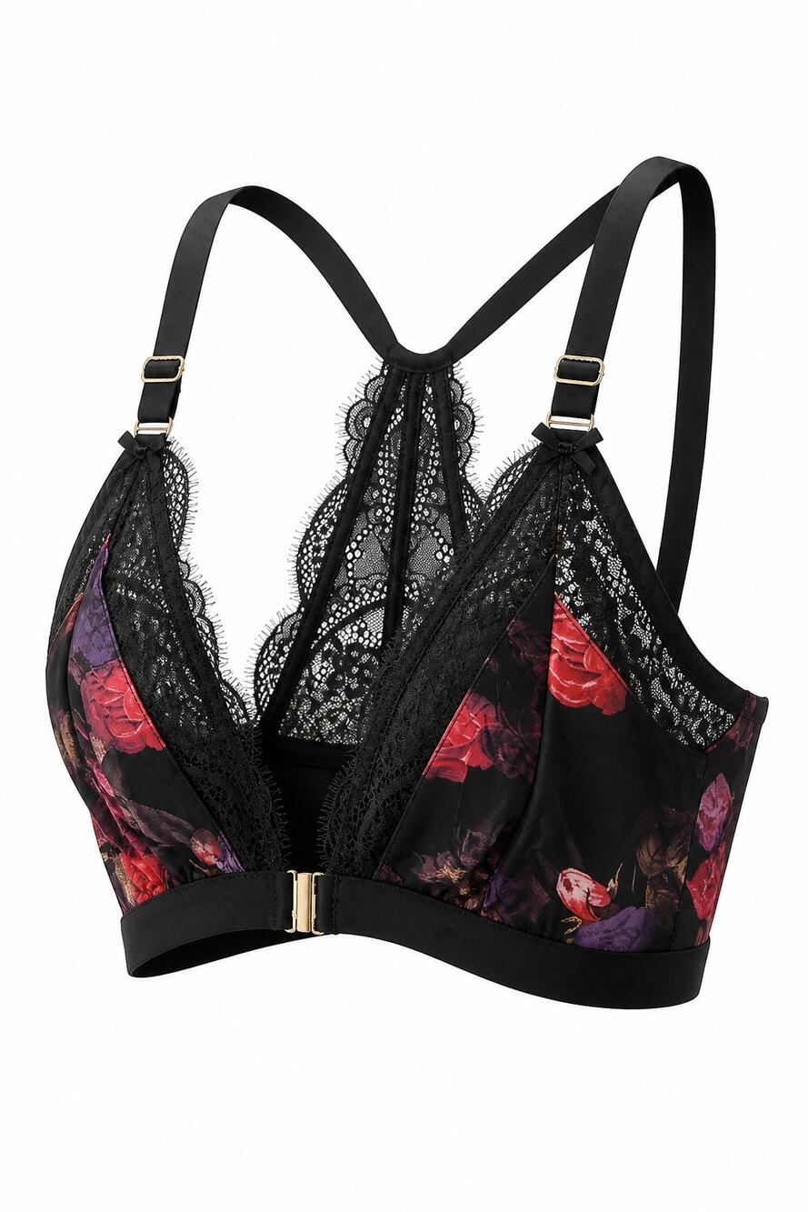 Cacique Front Close Bralette Unlined Mesh Floral Black Racerback Lace SZ 42DD